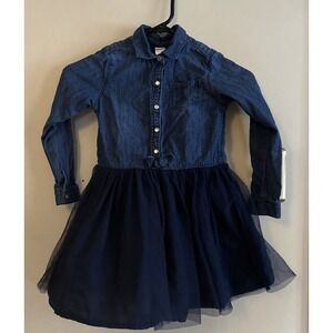 OshKosh B'gosh Girls Denim Navy Tulle Dress Size 6/6X Long Sleeve Pearl Snap